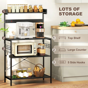 Kitchen Baker's Rack with Power Outlet, Coffee Bar Station with Adjustable Shelves and Hooks – view 12