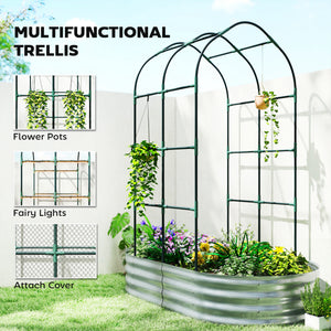 Galvanised Raised Garden Bed with Arched Trellis, 5 x 3 x 6ft Metal Outdoor Planter Box with Open Bottom, Silver