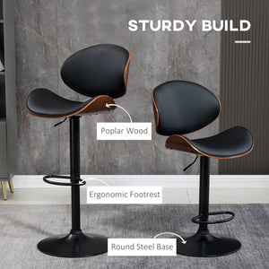 Bar Stools Set of 2, Modern PU Leather Adjustable Swivel Barstools with Curved Back, Footrest and Steel Base, Black