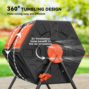 Rotating Composter, Dual Chamber Compost Bin with 24 Vents and Steel Legs, 34.5 Gallon, Brown