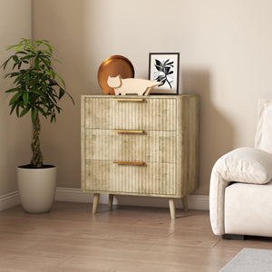Fluted Chest of Drawers, Modern 3 Drawer Dresser with Pine Wood Legs, Finger Pulls for Closet, Living Room, Hallway, Oak