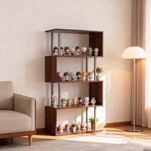 5-Tiers Geometric Wooden Bookcase S-Shaped Storage Bookshelf Display with Metal Frame for Living Room, Bedroom, Home Office, Walnut
