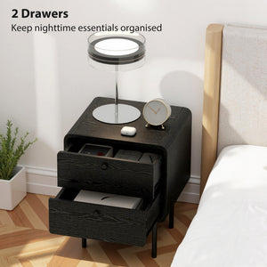 Modern Bedside Tables Set of 2, 2 Pieces Nightstands with 2 Storage Drawers and Steel Legs for Bedroom, Black Wood Grain