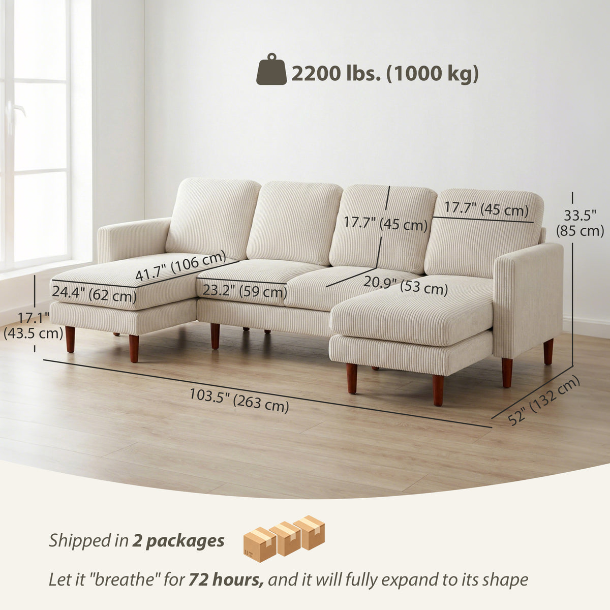 Sectional Sofa, Corduroy U Shaped Couch with Double Chaise and Spring Cushions, 2200lb Capacity, Beige – view 2