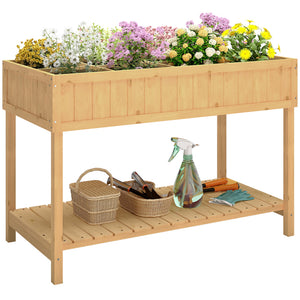 43.25" x 18" x 30" Raised Garden Bed, Wooden Plant Stand with 8 Grid Box, Storage Shelf for Outdoor, Natural Wood Colour