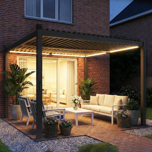 10 x 10 ft Louvered Pergola with Solar LED lights, Metal Roof, Outdoor Pergola Gazebo with Drainage Gutters, Black