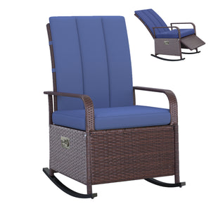 Outdoor Wicker Rocking Chair with Cushion, Patio PE Rattan Recliner Chair with Adjustable Footrest