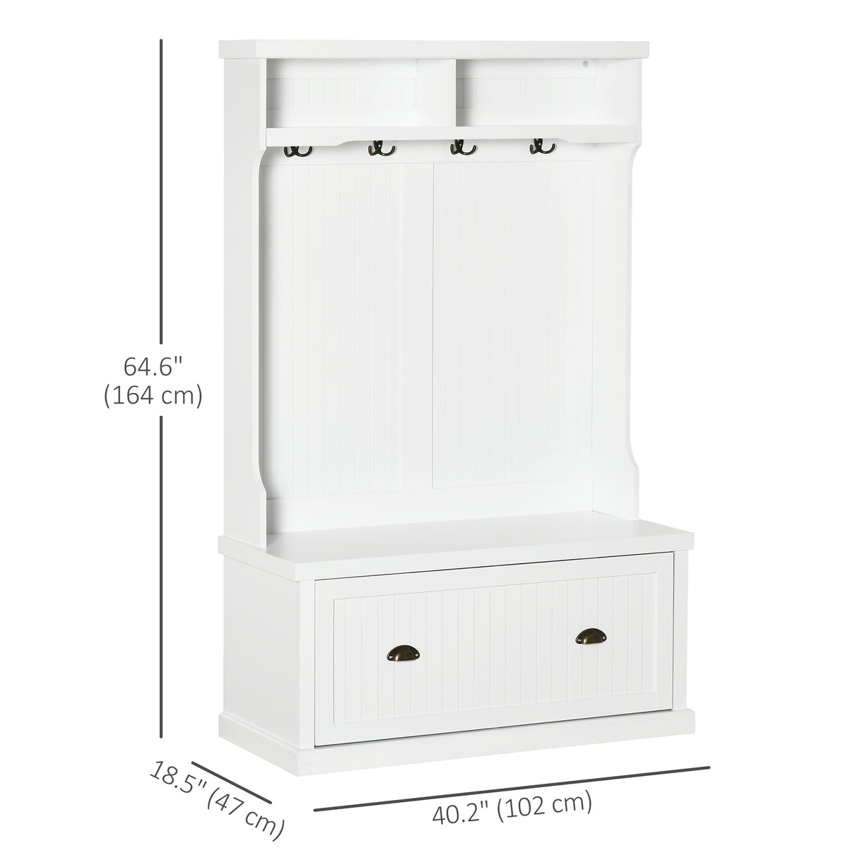 64.5" H Hall Tree with Storage Drawer & Top Shelf, Coat Rack Wooden Entryway Storage Bench Hall Tree Hallway Clothes Bag Coat Rack 4 Hooks, White