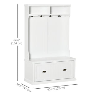 64.5" H Hall Tree with Storage Drawer & Top Shelf, Coat Rack Wooden Entryway Storage Bench Hall Tree Hallway Clothes Bag Coat Rack 4 Hooks, White