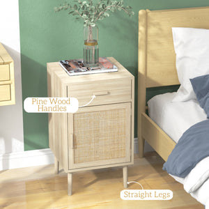 Boho Bedside Tables Set of 2, Nightstands with Drawer, Rattan Cabinet, Adjustable Shelf for Bedroom – view 6