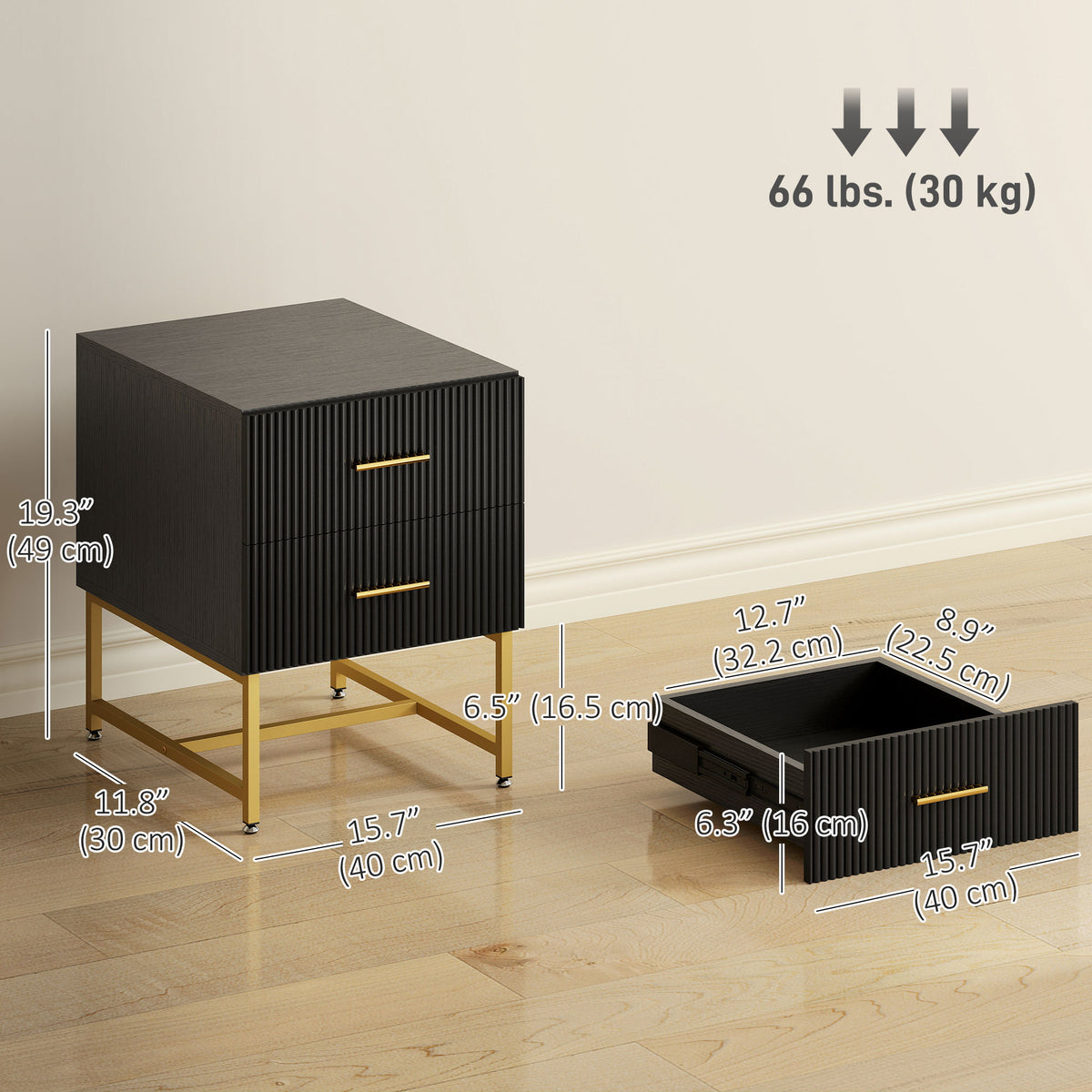 2 Pieces Nightstands with Storage, Modern Bedside Tables with 2 Fluted Drawers and Gold Legs for Bedroom – view 2