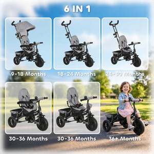 Qaba 6 in 1 Toddler Tricycle Stroller with Basket, Canopy, 5-point Safety Harness, for 12-60 Months
