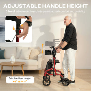 Foldable Rollator Walker with Seat for Seniors, Lightweight Rolling Walker with Adjustable Handles - Red