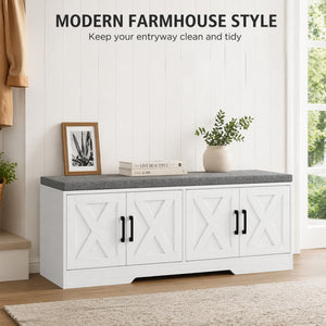 Shoe Bench with Cushion Shoe Storage Bench with Doors Adjustable Shelves for Entryway, White