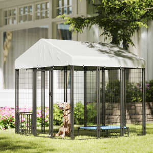 Outdoor Dog Kennel with Waterproof UV-Resistant Cover, Rotating & 4-Level Adjustable Feeding Bowls – view 8