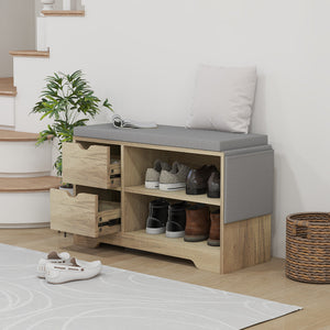 Upholstered Shoe Storage Bench w/ Seat, Entrance Bench w/ Drawer Open Shelves and Pocket for Hallway, White – view 14