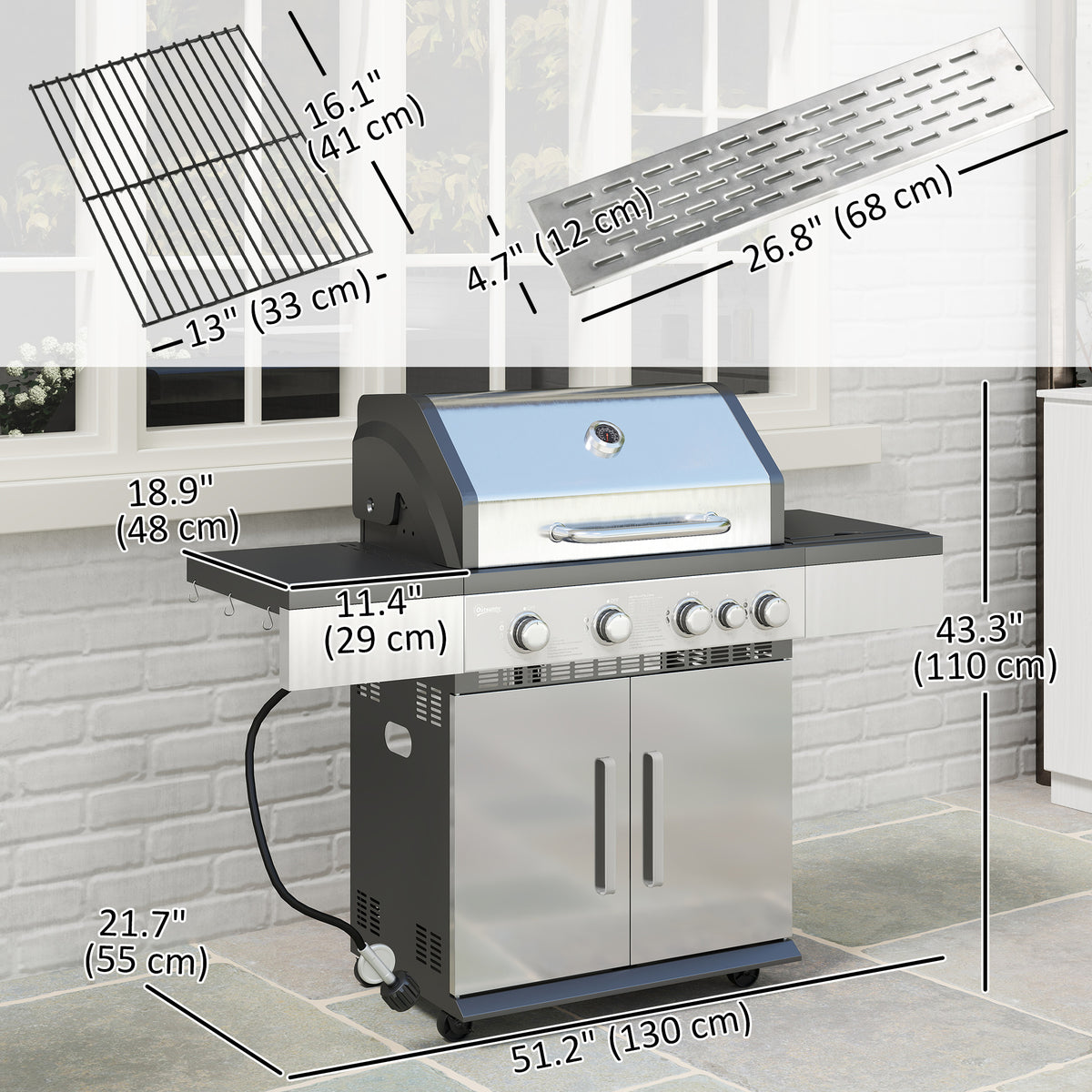 4+1 Burner Liquid Propane Gas Grill Outdoor Portable BBQ with Side Burner, Warming Rack, Side Shelf, Storage Cabinet, Thermometer, 4 Wheels, Tank Holder, Silver