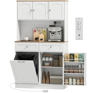 68" Pantry Cabinet with Charging Station, Storage Cabinet with Microwave Stand, 10 Gallon Trash Can Cabinet, White