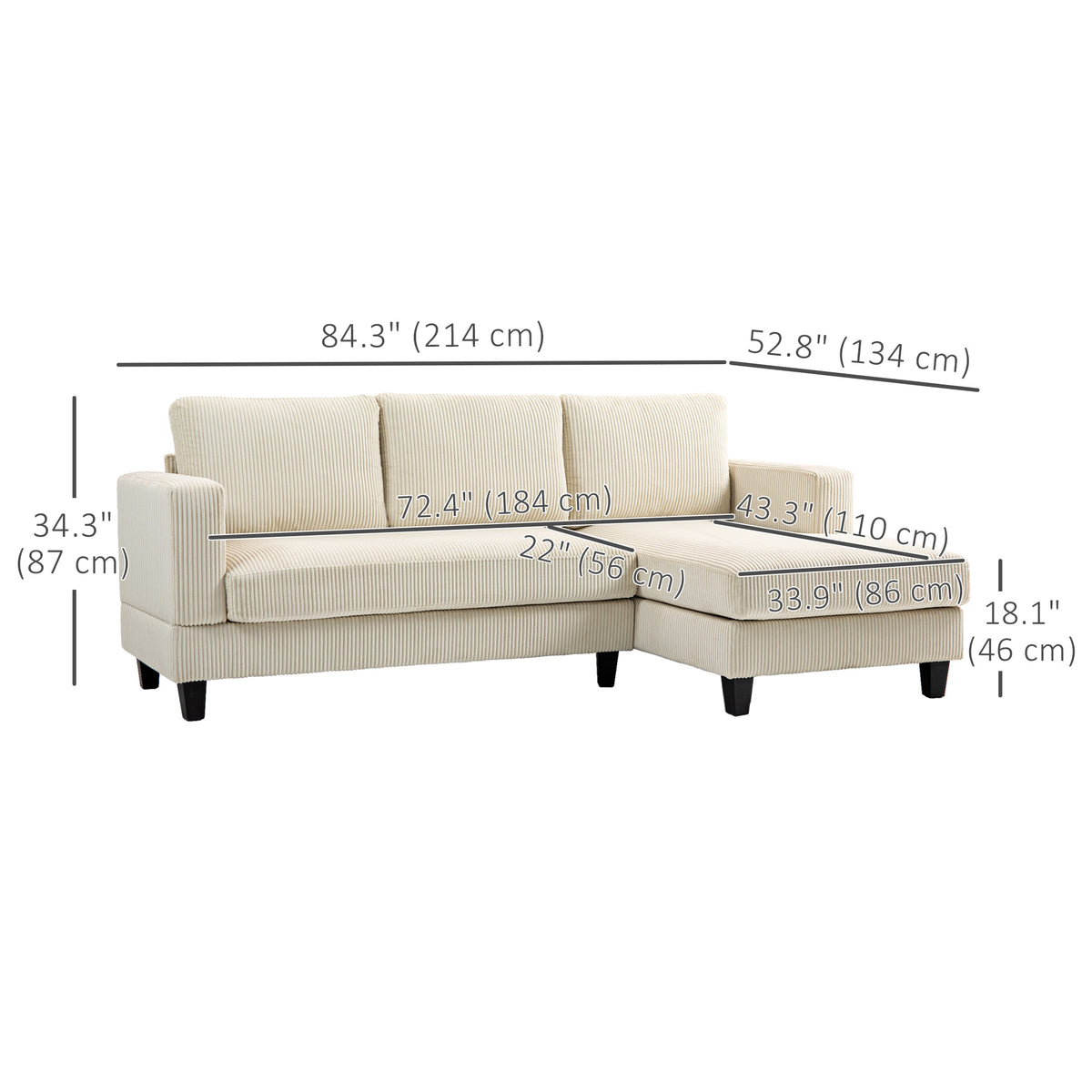 L Shaped Couch, L Shape Sofa with Chaise Lounge and Spring Cushion for Living Room, Bedroom, Beige – view 2