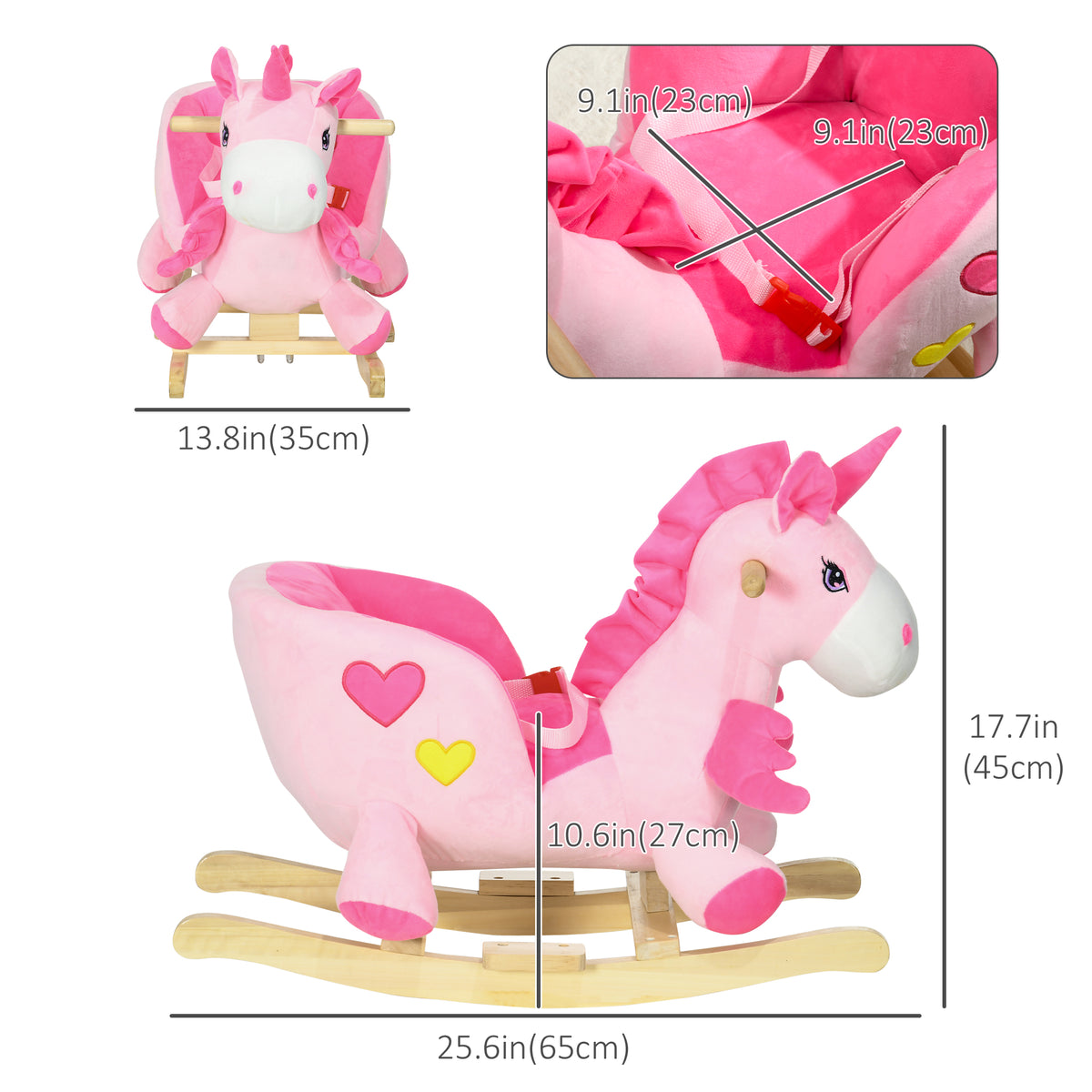 Qaba Baby Rocking Horse, Plush Animal Rocker for Toddlers Aged 18-36 Months, Stuffed Ride Toy with Sounds, Seat Belt, Pink