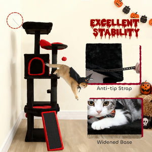 Gothic Cat Tree, 60" Tall Cat Tower with Coffin Bed, Sisal Scratching Posts & Ramp, Condo, Hammock, Perches, Black