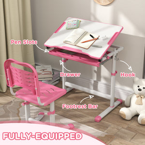 Qaba Height Adjustable Study Table and Chair Set with Drawer, Pen Slot, Tiltable Desktop, Hook