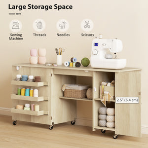 Sewing Machine Table with Drop Leaf, Folding Craft Table with 2 Doors and Adjustable Shelf for Small Spaces, Brown