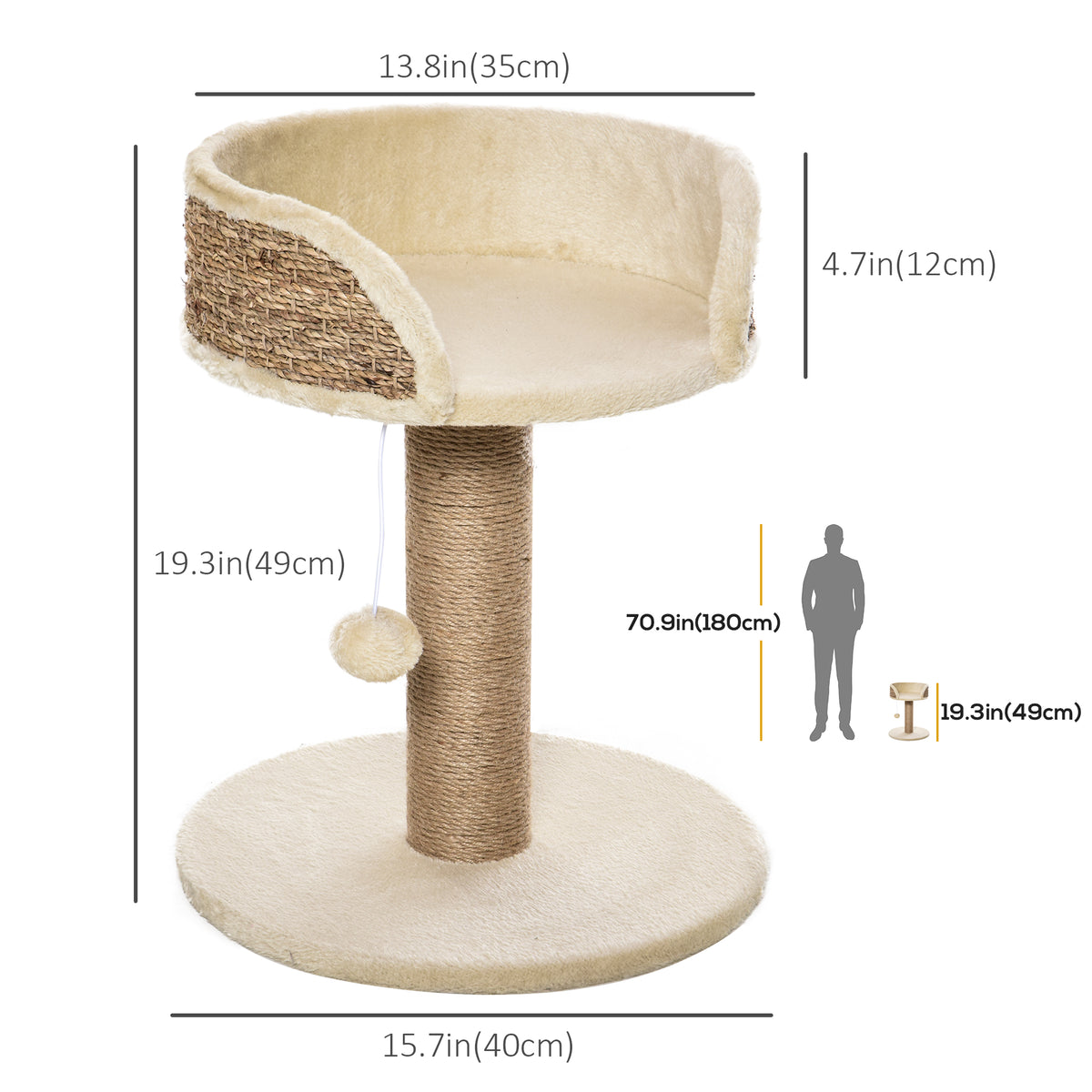 Cat Tree with Scratching Post, Toy Ball, Perch, Small Cat Tower for Indoor Cats - 16" x 16" x 19", Beige – view 2