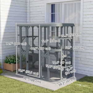Catio Outdoor Cat Enclosure, 71" Wooden Cat House with Platforms, Condos and Waterproof Cover for 2–3 Kittens, Grey