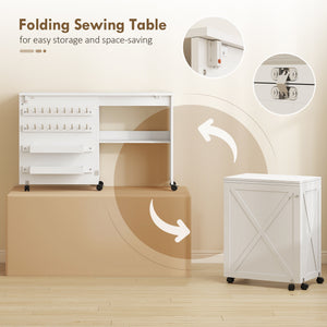 Sewing Machine Table on Wheels, Folding Craft Table with 2 Bins, Storage Shelf, 18 Pegs, Lockable Wheels โ view 18