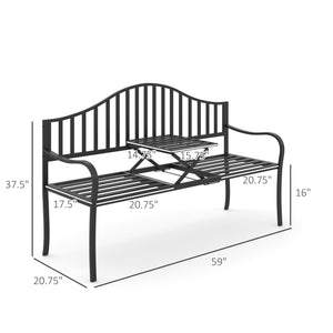 Outdoor Bench with Retractable Middle Table, Metal Frame Patio Loveseat with Slatted Seat and Backrest, Curved Armrests, Black