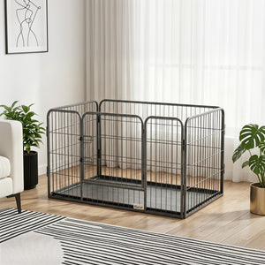 4 Panels Dog Playpen, Heavy Duty Dog Fence, 28" H Portable Pet Playpen with Door Double Locking Latches, Tray, Grey