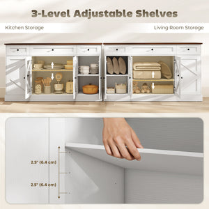 Sideboard Buffet Cabinet, 54" Farmhouse Kitchen Storage Cabinet with Acrylic Barn Doors and 3 Drawers, White Wood Grain