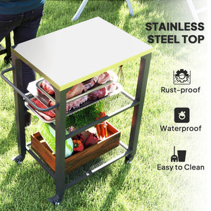 3-Shelf Outdoor Grill Cart Table with Side Handle, Stainless Steel Pizza Oven Stand on Wheels, Black – view 17