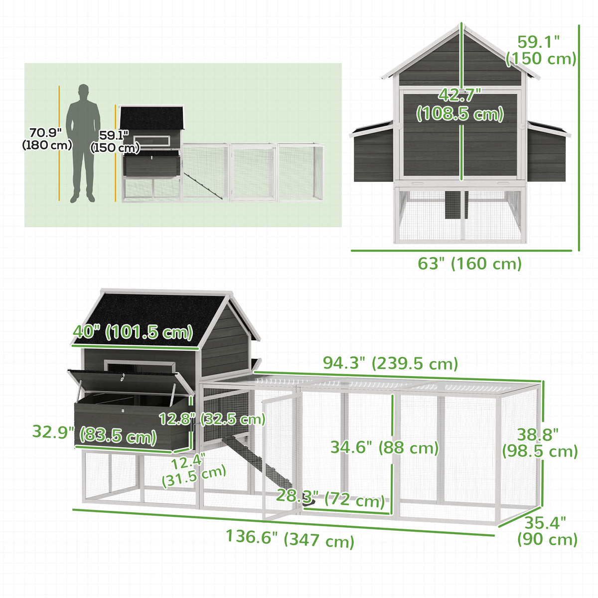 137" Wooden Chicken Coop with Chicken Run, Nesting Box, Dark Grey – view 2