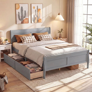 Queen Size Bed Frame with 2 Storage Drawers and Footboard-Gray view 2