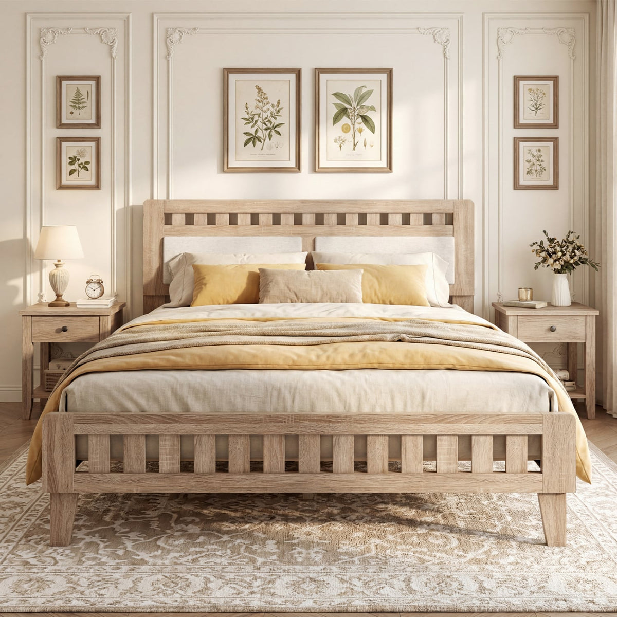 Queen Wood Bed Frame with Upholstered Headboard-Natural view 2