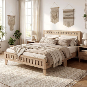 Queen Wood Bed Frame with Upholstered Headboard-Natural view 5