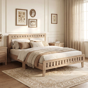 Queen Wood Bed Frame with Upholstered Headboard-Natural view 6