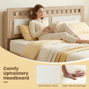 Queen Wood Bed Frame with Upholstered Headboard-Natural view 7