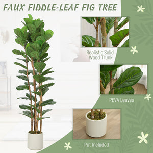 6FT Artificial Fiddle Leaf Fig Tree Set of 2, Fake Potted Tree with Solid Wood Trunks for Indoor Decor, Green