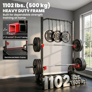 Soozier Power Cage Squat Rack, 1100LB Heavy-Duty Power Rack with Pull-Up Bar, Adjustable J-Hooks, Plates and Barbell Storage
