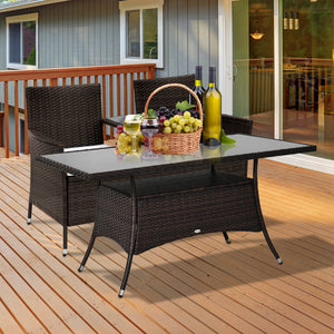 Garden Dining Table, Patio Rattan Dining Table with Glass Top, Storage Shelf for Yard, 59" x 34" x 29", Brown