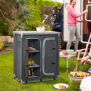 Aluminum Camping Table, Camping Kitchen Station Cook Cupborad with 3-Shelf, Storage Organiser for BBQ Party Picnic Grey