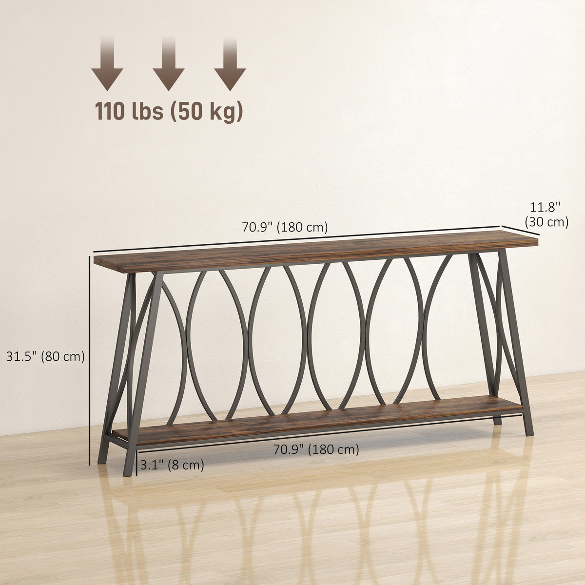 71" Console Table, Industrial 2-Tier Narrow Entryway Table with Metal Frame for Living Room, Hallway, Rustic Brown