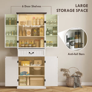 71" LED Kitchen Pantry Cabinet, Farmhouse Storage Cabinet with Door Shelves, Distressed White
