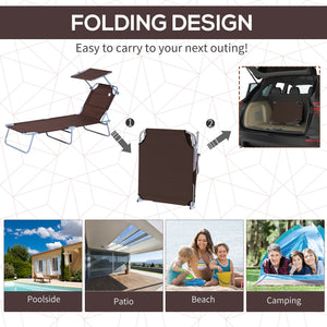 Outdoor Lounge Chair, Adjustable Folding Chaise Lounge, Tanning Chair with Sun Shade for Beach, Camping, Hiking, Backyard, Brown