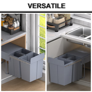 Pull Out Trash Can Under Cabinet, 10.6 Gallon (40L) Slide Out Garbage Can with 3 Removable Compartments, Grey