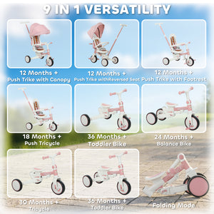 Qaba 7 in 1 Toddler Tricycle with Safety Harness, Adjustable & Removable Parent Handle, Canopy, Storage Bag, Brake, Pink