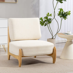 Accent Chair with Rubber Wood Frame, Wide Seat, Modern Chenille Bedroom Chair with Thick Cushion, Cream White